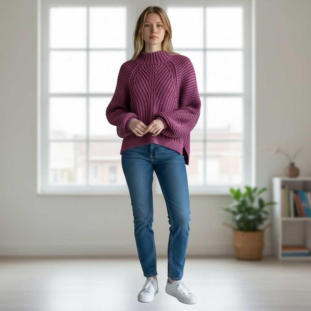 Bohme Magenta Pink Purple Cotton Chunky Knit Ribbed Mock Neck Sweater BHM258 Med
